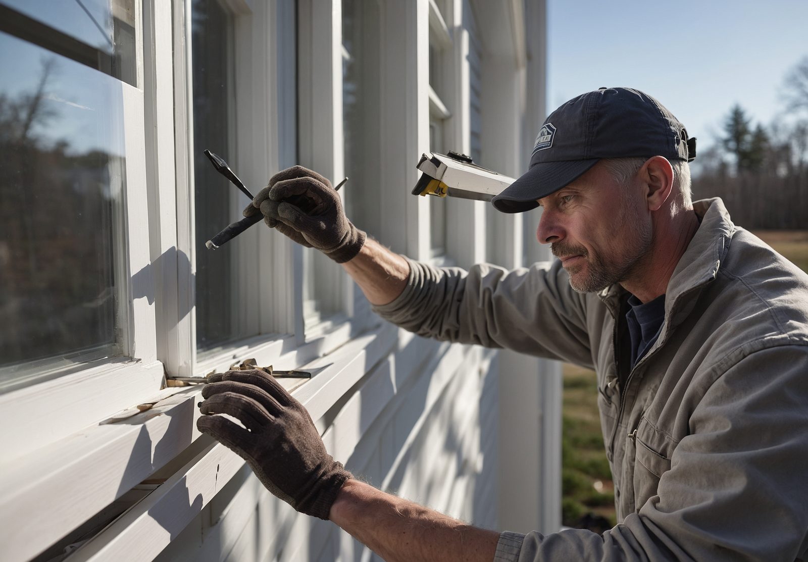 An installer in gloves setting a white vinyl double-hung window into a clapboard wall and levelling it with a spirit level
