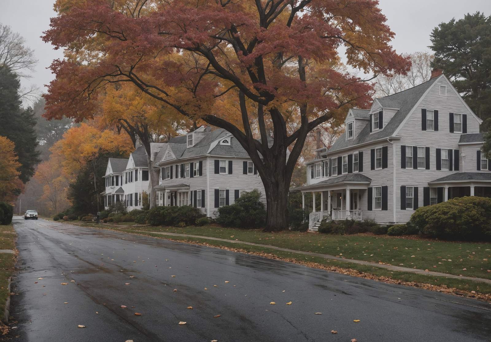 A quiet autumn street of colonial and cape-style houses with fallen leaves on the lawns