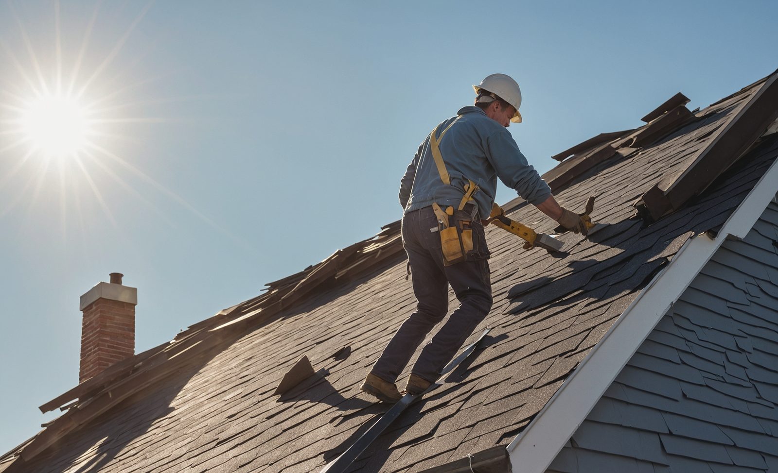 A roofer in a work jacket and hard hat nailing an asphalt shingle at a colonial eave