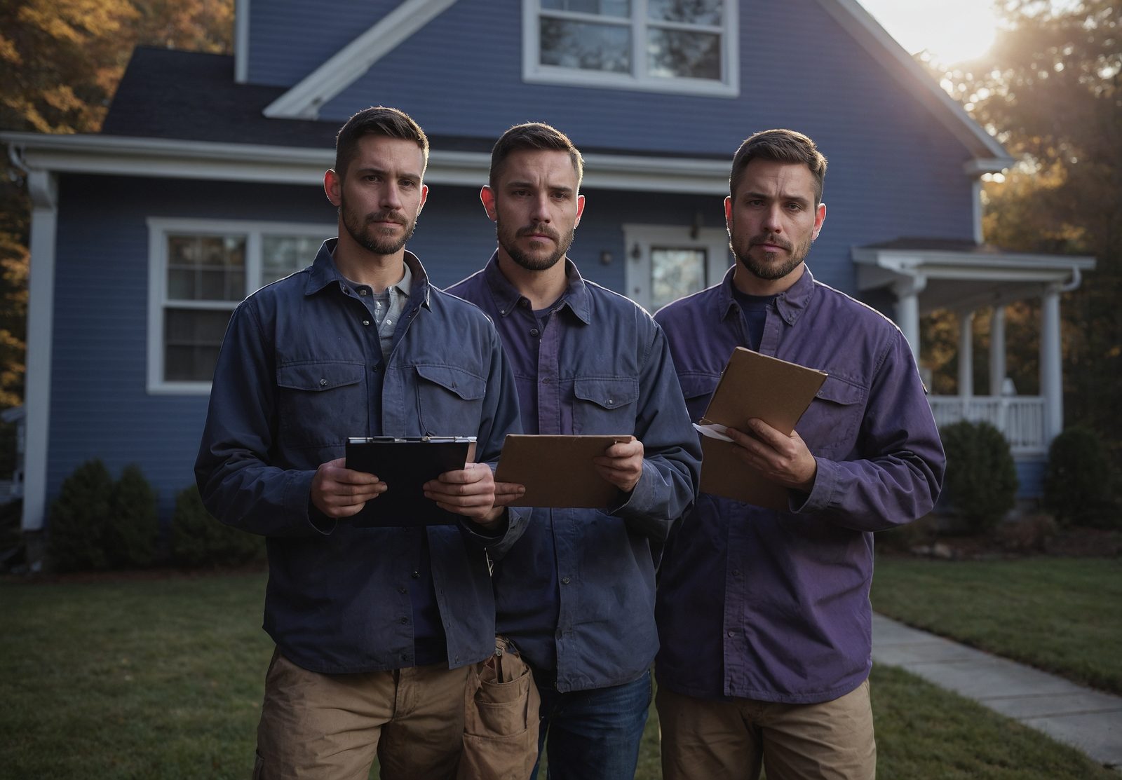 Three tradespeople in plain navy work shirts standing before a house with a fresh gutter run