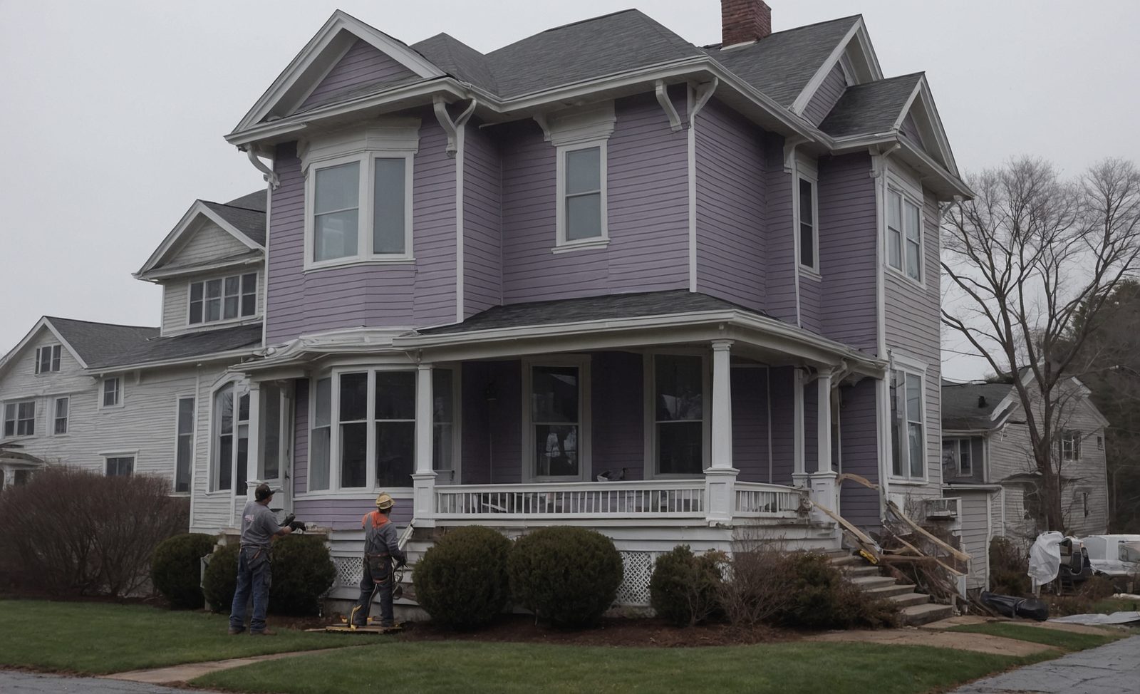 A worker in gloves on a stepladder caulking the trim of a new bay window on the front of a house