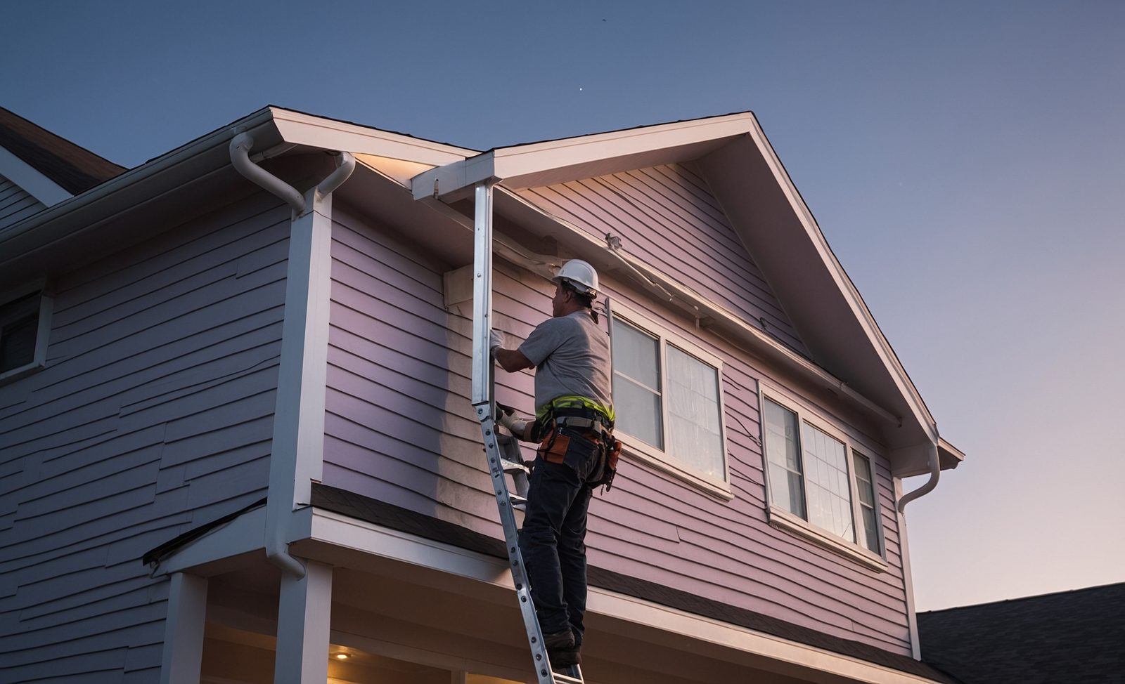 A worker on a ladder fitting a white gutter along the eave of a colonial house at blue hour
